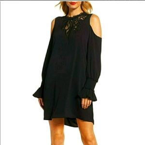 KOBI HALPERIN. Black crochet cold shoulder dress M